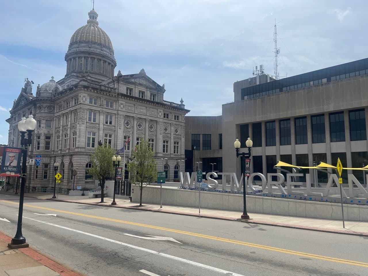 Westmoreland County Courthouse and Westmoreland sign in downtown Greensburg